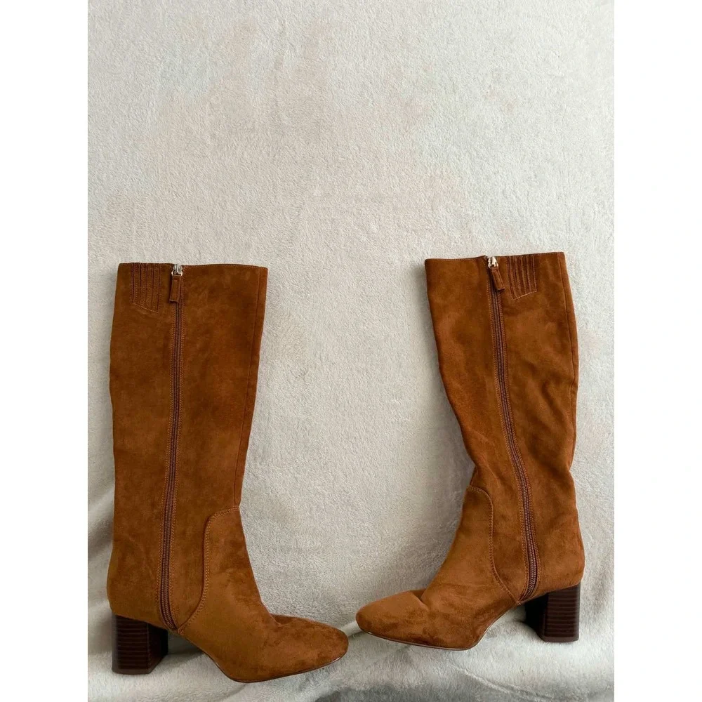 Vtg J. Crew Womens 7.5 Brown Boots Knee High Block Heel Faux Suede BT279
